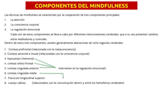 COMPONENTES DEL MINDFULNESS
Las técnicas de mindfulness se caracterizan por la cooperación de tres componentes principales:
1. La atención
2. La consciencia corporal
3. La regulación emocional.
Cada uno de estos componentes se lleva a cabo por diferentes interconexiones cerebrales, que a su vez presentan cambios
entre meditadores y controles.
Dentro de estos tres componentes, existen generalmente alteraciones de ocho regiones cerebrales:
1. Corteza prefrontal (relacionada con la metaconsciencia)
2. Corteza sensorial e ínsula (relacionadas con la consciencia corporal)
3. hipocampo (memoria)
4. corteza orbito frontal
5. corteza cingulada anterior intervienen en la regulación emocional)
6. corteza cingulada media
7. Fascículo longitudinal superior
8. cuerpo calloso (relacionados con la comunicación dentro y entre los hemisferios cerebrales)
 