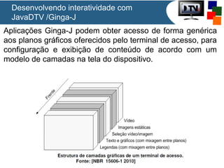 Desenvolvendo interatividade com
JavaDTV /Ginga-J
Aplicações Ginga-J podem obter acesso de forma genérica
aos planos gráficos oferecidos pelo terminal de acesso, para
configuração e exibição de conteúdo de acordo com um
modelo de camadas na tela do dispositivo.

 