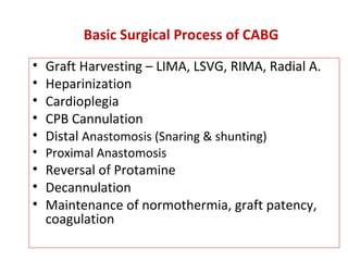 Basic Surgical Process of CABG
• Graft Harvesting – LIMA, LSVG, RIMA, Radial A.
• Heparinization
• Cardioplegia
• CPB Cannulation
• Distal Anastomosis (Snaring & shunting)
• Proximal Anastomosis
• Reversal of Protamine
• Decannulation
• Maintenance of normothermia, graft patency,
coagulation
 