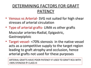 DETERMINING FACTORS FOR GRAFT
PATENCY
• Venous vs Arterial- SVG not suited for high shear
stresses of arterial circulation
• Type of arterial grafts- LIMA vs other grafts
Muscular arteries-Radial, Epigastric,
Gastroepiploic
• Target vessel- <70% stenosis in the native vessel
acts as a competitive supply to the target region
leading to graft atrophy and occlusion, hence
arterial grafts not used for these purposes
ARTERIAL GRAFTS HAVE POOR PATENCY IF USED TO GRAFT RCA WITH
<90% STENOSIS CLASS III
 