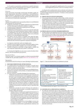 Cardiología
La FA puede ser paroxística, persistente (si puede intentarse
paso a ritmo sinusal) o permanente (si es crónico) y puede existir
en individuos con o sin cardiopatía orgánica.

ETIOLOGÍA.
Estrés emocional, postcirugía, intoxicación alcohólica aguda, hipoxia, hipercapnia, alteraciones metabólicas o hemodinámicas,
hipertiroidismo, valvulopatía mitral, cardiopatía hipertensiva,
EPOC, CIA, etc. La ﬁbrilación auricular, además, puede formar parte
del síndrome de bradicardia-taquicardia.
CLÍNICA.
Además de las palpitaciones que puede producir, la morbilidad de
la FA depende de estos factores:
• Respuesta ventricular: si es rápida, puede provocar hipotensión
arterial, disnea por insuﬁciencia cardíaca o angina.
• La pausa tras la FA paroxística puede provocar síncope.
• Tromboembolias sistémicas.
• Pérdida de la contribución de la contracción auricular al llenado
ventricular. Esto puede disminuir el gasto cardíaco, sobre todo
en cardiopatías en las que hay disminución de la compliance
ventricular o diﬁcultad para el llenado, como en la estenosis
mitral o en la miocardiopatía hipertróﬁca.
• Por último, una FA crónica (y también otros tipos de taquicardias) con una frecuencia cardíaca muy elevada de forma
mantenida, puede producir a veces una miocardiopatía con
disfunción del ventrículo izquierdo (taquimiocardiopatía).
•
•

realizar anticoagulación reglada previa. Sí es necesaria la
anticoagulación posterior, como en el enfoque clásico.
La eﬁcacia de la cardioversión está en relación con la duración
del episodio y con el tamaño de la aurícula izquierda, siendo menor
en la FA de largo tiempo de evolución (> 6 meses) y en las aurículas
dilatadas (>5cm).

II. PROFILAXIS DE NUEVOS EPISODIOS.
• Una vez que el paciente ha sido cardiovertido, se debe valorar la
posibilidad de instaurar un fármaco para proﬁlaxis de nuevos episodios. Aquí tienen, una vez más, importancia las características
clínicas del paciente (ver ﬁgura 11). Parece que la amiodarona es
el fármaco más eﬁcaz para la prevención de recurrencias, pero
su uso se asocia a frecuentes efectos secundarios.
• En algunos casos en los que la FA se desencadena por extrasístoles focales originados en las venas pulmonares, se está utilizando
la ablación por radiofrecuencia de estas zonas.
III. PROFILAXIS DE EVENTOS TROMBOEMBÓLICOS.
• Se debe realizar anticoagulación de forma crónica a los pacientes
que presenten alto riesgo de presentar episodios embólicos,
tanto si presentan FA crónica como episodios de FA paroxística.
(ver tabla 21) (MIR 01-02, 42; MIR 00-01, 38).

La respuesta ventricular suele ser irregular, pero:
Cuando en una FA aparezca un ritmo ventricular regular y lento,
hay que sospechar BAV completo con un ritmo de escape.
Cuando la respuesta ventricular se haga regular y rápida, hay
que sospechar taquicardia de la unión o ventricular.

La intoxicación digitálica es una causa común de ambos fenómenos, más frecuentemente del primero.

EXPLORACIÓN FÍSICA.
Faltan las ondas “a” en el pulso yugular, y se observa una intensidad
variable del 1R y del latido arterial (MIR 02-03, 90; MIR 00-01, 36).
TRATAMIENTO.
El tratamiento de la FA se basa en cuatro abordajes fundamentales:
I. RESTABLECIMIENTO DEL RITMO SINUSAL.
• La cardioversión de la ﬁbrilación auricular se puede hacer
mediante fármacos antiarrítmicos o mediante cardioversión
eléctrica, siendo esta la más eﬁcaz.
• En los casos en los que el paciente presente inestabilidad hemodinámica en relación con la arritmia, se realizará cardioversión
eléctrica inmediata.
• En caso contrario, se pueden distinguir dos situaciones:
- Fibrilación auricular de menos de 48 horas de evolución o en
pacientes convenientemente anticoagulados previamente:
en estos casos se puede realizar cardioversión eléctrica o
farmacológica sin anticoagulación previa. Los fármacos más
utilizados son los IC y los de tipo III (amiodarona), si bien las
características clínicas de los pacientes son muy útiles para
decidir qué tipo de fármaco utilizar. La digoxina no tiene
ningún efecto a la hora de cardiovertir (sí puede usarse para
controlar la frecuencia ventricular como se describe más
adelante).
- Fibrilación auricular de más de 48 horas de evolución o
de cronología indeterminada: si se decide cardiovertir, se
pueden utilizar dos pautas:
› Enfoque clásico: se realiza anticoagulación durante las 3-4
semanas previas a la cardioversión y durante al menos
las 4 semanas posteriores. La indicación de mantener la
anticoagulación de forma crónica se hará según los criterios que se describen después. Hoy en día, la tendencia
es prolongar la anticoagulación posterior varios meses,
ante el riesgo de recidiva.
› Cardioversión guiada por eco-transesofágico: en este caso
se realiza el estudio, y si no hay trombos auriculares,
se realiza la cardioversión (generalmente eléctrica) sin

Figura 11. Elección del antiarrítmico en la fibrilación auricular.

Tabla 21. Indicaciones anticoagulación en la FA.
• >75 años.
• Insuficiencia cardíaca.*
• FE<35%.*
• HTA.*
• DM.*
• Estenosis mitral y enfermedad
reumática valvular.
• Antecedentes tromboembólicos.
• Presencia del trombo auricular
en ecocardio.

• Anticoagulación
crónica INR 2-3.
• En caso de prótesis mecánica
asociada en posición mitral
INR 2,5-4. También si embolias
a pesar de anticoagulación
correcta (o asociar
antiagregración con AAS).

<75 y >60 años y ausencia de
factores de riesgo (*).

Antiagregación

<60 años y sin patología cardíaca.

Antiagragación o nada.

* Se consideran factores de riesgo: IC, HTA, FE<35% y DM

IV. CONTROL DE LA FRECUENCIA CARDÍACA.
• En todas las situaciones que se han comentado, salvo en los
casos en los que es necesaria la cardioversión inmediata, se ha
de realizar un control adecuado de la frecuencia cardíaca. Para
ello se utilizan fármacos que bloquean el NAV, como los betabloqueantes, verapamilo, diltiacem o digoxina. Es muy importante
realizar control de la frecuencia cardíaca en los pacientes en los
que se utilizan antiarrítmicos, ya que estos fármacos pueden
tener efectos vagolíticos. Además pueden organizar la FA en
forma de ﬂutter auricular, en cuyo caso la frecuencia ventricular
puede aumentar bruscamente si no hay un control sobre el nodo
aurículo ventricular.

Pág. 33

 