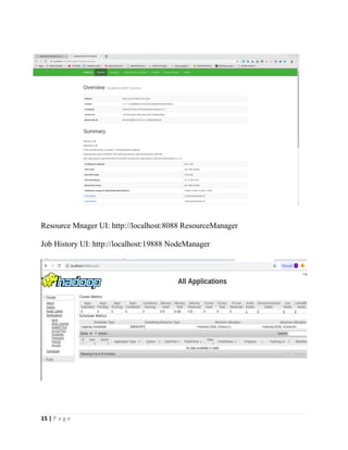 15 | P a g e
Resource Mnager UI: http://localhost:8088 ResourceManager
Job History UI: http://localhost:19888 NodeManager
 
