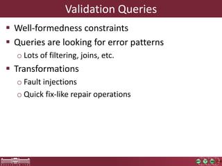 Validation Queries
 Well-formedness constraints
 Queries are looking for error patterns
o Lots of filtering, joins, etc.
 Transformations
o Fault injections
o Quick fix-like repair operations
 