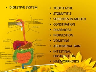 • DIGESTIVE SYSTEM • TOOTH ACHE
• STOMATITIS
• SORENESS IN MOUTH
• CONSTIPATION
• DIARRHOEA
• INDIGESTION
• VOMITING
• ABDOMINAL PAIN
• INTESTINAL
OBSTRUCTION
• HAEMORRHOIDS
 