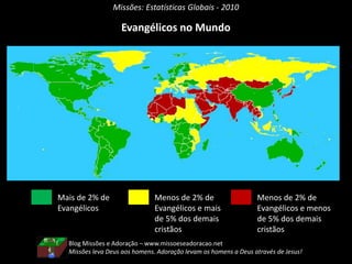 Missões: Estatísticas Globais - 2010
Evangélicos no Mundo
Mais de 2% de
Evangélicos
Menos de 2% de
Evangélicos e mais
de 5% dos demais
cristãos
Menos de 2% de
Evangélicos e menos
de 5% dos demais
cristãos
Blog Missões e Adoração – www.missoeseadoracao.net
Missões leva Deus aos homens. Adoração levam os homens a Deus através de Jesus!
 