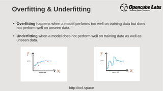 http://ocl.space
Overfitting & Underfitting
● Overfitting happens when a model performs too well on training data but does
not perform well on unseen data.
● Underfitting when a model does not perform well on training data as well as
unseen data.
 
