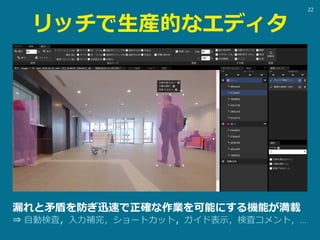リッチで生産的なエディタ
漏れと矛盾を防ぎ迅速で正確な作業を可能にする機能が満載
⇒ 自動検査，入力補完，ショートカット，ガイド表示，検査コメント，…
22
 