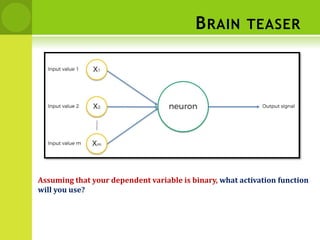BRAIN TEASER
Assuming that your dependent variable is binary, what activation function
will you use?
 