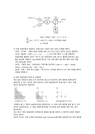 이 단층 퍼셉트론이 학습하는 과정으로는 다음과 같은 4개의 단계를 따른다.
- 1단계 : 초기화 – 가중치 Wi와 임계값 θ을 [-0.5, 0.5] 구간의 임의의 값으로 설정한다.
- 2단계 : 활성화 – 입력        와 목표 출력  를 적용하여
퍼셉트론을 활성화 시킨다. 여기서 n은 퍼셉트론의 입력 개수고 활성화 함수로는 step
활성 함수를 사용한다. step 활성화 함수로 나온 실제 출력 Y를 목표 출력 Yd와 차를
내어 에러(e)를 구한다.
- 3단계 : 가중치 학습 – 퍼셉트론의 가중치를 갱신한다.( wi(p+1) = wi(p) + Δwi(p),
Δwi(p) = learning rate * xi(p) * e(p) )
- 4단계 : 반복 – 반복 횟수 p값을 1 증가시키고, 2단계로 돌아가서 e가 0에 수렴할 때까지
과정을 반복한다.
4) 단층 퍼셉트론의 한계 및 극복방안
위와 같은 방법으로 AND 논리 연산자와 OR 논리 연산자의 입력 패턴을 분류하도록
훈련시킬 수 있다. 하지만, XOR 연산자는 단층 퍼셉트론으로 학습시킬 수 없다. 선형
분리가 불가능하기 때문인데
그림에서 볼 수 있듯이 AND연산자와 OR연산자는 식 1개로 입력 패턴을 분류 할 수 있다.
하지만 XOR연산자는 식 1개로 정확하게(최대한 근사하게) 입력 패턴을 분류 하는 것이
불가능하다.
이는 층이 1개인 퍼셉트론의 문제점으로 활성화 함수를 바꾼다고 근본적인 문제가 해결이
되지는 않는다.
따라서 우리는, 다층 신경망 MLP(Multi Layer Perceptron)를 통해 XOR연산자의 입력 패턴을
 