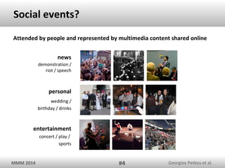 Social events?
Attended by people and represented by multimedia content shared online
news
demonstration /
riot / speech

personal
wedding /
birthday / drinks

entertainment
concert / play /
sports

MMM 2014

#4

Georgios Petkos et al.

 