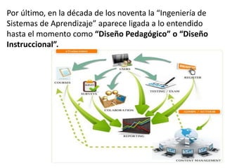 Por último, en la década de los noventa la “Ingeniería de
Sistemas de Aprendizaje” aparece ligada a lo entendido
hasta el momento como “Diseño Pedagógico” o “Diseño
Instruccional”.
 