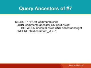 Query Ancestors of #7

SELECT * FROM Comments child
 JOIN Comments ancestor ON child.nsleft
   BETWEEN ancestor.nsleft AND ancestor.nsright
 WHERE child.comment_id = 7;




                                     www.percona.com
 