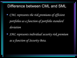 Difference between CML and SML
 CML represents the risk premiums of efficient
portfolios as a function of portfolio standard
deviation
 SML represents individual security risk premium
as a function of Security Beta.
 