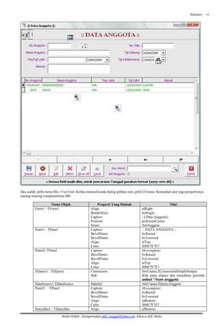 Halaman :
Jika sudah, pilih menu file->Use Unit. Ketika muncul kotak dialog pilihan unit, pilih UUtama. Kemudian atur juga propertisnya
masing-masing componentnya sbb:
Nama Objek Properti Yang Diubah Nilai
Form1 : TForm1 Align
BorderStyle
Caption
Position
Name
alRight
bsSingle
::[ Data Anggota]::
poScreenCenter
frmAnggota
Panel1 : TPanel Caption
BevellInner
BevellOuter
Align
Color
:: DATA ANGGOTA ::
bvRaised
bvLowered
alTop
$00E7E7E7
Panel2: TPanel Caption
BevellInner
BevellOuter
Align
Color
(Kosongkan)
bvRaised
bvLowered
alTop
$00E7E7E7
ZQuery1 : TZQuery Connection
SQL
frmUtama.ZConnectionSimpleSimpus
Klik pada elipses dan masukkan perintah
select * from anggota
DataSource1:TDataSource DataSet frmUtama.ZQueryAnggota
Panel3 : TPanel Caption
BevellInner
BevellOuter
Align
Color
(Kosongkan)
bvRaised
bvLowered
alBottom
$00E7E7E7
StatusBar1 : TStatusBar Align alBottom
Modul Delphi , disempurnakan akhi_tangguh@yahoo.com. Khanza.Soft Media
31
 