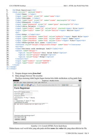 LUG STIKOM Surabaya Bab I – HTML dan World Wide Web
6. <h2>Form Registrasi</h2>
7. <form action="" method="POST">
8. <label>Nama: </label>
9. <input type="text" size="30" name="nama"><br>
10. <label>Username: </label>
11. <input type="text" size="16" name="uname" maxlength="16"><br>
12. <label>Password: </label>
13. <input type="password" size="16" name="pass" maxlength="16"><br>
14. <label>Jenis Kelamin: </label>
15. <input type="radio" name="jk" value="pria" checked><span> Pria</span>
16. <input type="radio" name="jk" value="wanita"><span> Wanita</span>
17. <br>
18. <label>Hoby: </label><br>
19. <input type="checkbox" name="hob" value="spkbola"><span> Sepak Bola</span>
20. <input type="checkbox" name="hob" value="game"><span> Game</span>
21. <input type="checkbox" name="hob" value="tidur"><span> Tidur</span><br>
22. <label>Deskripsikan diri anda: <label><br>
23. <textarea style="height:100px;width:400px" name="desc"></textarea>
24. <hr><br>
25. <label>Darimana anda mendengar kami?</label><br>
26. <select name="dengar">
27. <option value="kuburan">Dari dalam kubur</option>
28. <option value="google">Google</option>
29. <option value="mimpi">Mimpi</option>
30. </select><br>
31. <input type="submit" value="DAFTAR"> 
32. <input type="reset" value="RESET">
33. </form>
34.</body>
35.</html>
3. Simpan dengan nama form.html
4. Buka dengan browser file tersebut.
Hasilnya memang tidak begitu bagus karena kita tidak melakukan styling pada form.
Gambar 1.6: Contoh HTML Form Sederhana
Dalam kasus real world nilai yang ada pada attribut name dan value-lah yang akan dikirim ke file
© 2008-2010 Rio Astamal – Hal. 8
 