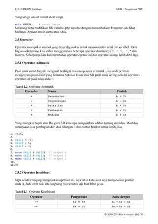 LUG STIKOM Surabaya Bab II – Pengenalan PHP
Yang ketiga adalah model shell script.
echo HARGA;    # cetak harga
Sekarang coba modifikasi file variabel.php tersebut dengan menambahkan komentar lalu lihat
hasilnya. Apakah masih sama atau tidak.
2.5 Operator
Operator merupakan simbol yang dapat digunakan untuk memanipulasi nilai dan variabel. Pada
bagian sebelumnya kita sudah menggunakan beberapa operator diantaranya =, ==, <, ., +, * dan
lainnya. Selanjutnya kita kan membahas operator-oprator ini dan operator lainnya lebih detil lagi .
2.5.1 Operator Aritmatik
Pasti anda sudah banyak mengenal berbagai macam operator aritmatik. Jika anda pernhah
mengenyam pendidikan yang bernama Sekolah Dasar atau SD pasti anda sering menulis operator-
operator ini pada buku anda :).
Tabel 2.2: Operator Aritmatik
Operator Nama Contoh
+ Penambahan $a + $b 
­ Pengurangan $a ­ $b 
* Perkalian $a * $b 
/ Pembagian $a / $b 
% Modulus $a % $b 
Yang mungkin bapak atau Ibu guru SD kita lupa mengajarkan adalah tentang modulus. Modulus
merupakan sisa pembagian dari dua bilangan. Lihat contoh berikut untuk lebih jelas.
1. <?php
2.
3. $bil1 = 10;
4. $bil2 = 5;
5. $bil3 = 3;
6.
7. echo $bil1 % $bil2;  // output 0
8. echo $bil1 % $bil3;  // output 1
9. echo $bil2 % $bil3;  // output 2
10.
11.?>
2.5.2 Operator Kombinasi
Saya sendiri bingung menjelaskan operator ini, saya takut kata-kata saya menyesatkan pikiran
anda :). Jadi lebih baik kita langsung lihat contoh saja biar lebih jelas.
Tabel 2.3: Operator Kombinasi
Operator Penggunaan Sama dengan
+= $a += $b $a = $a + $b 
­=  $a ­= $b $a = $a ­ $b 
© 2008-2010 Rio Astamal – Hal. 30
 