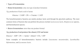• Types of Fermentation
• Homo fermentation: only one type of product formation
Eg: production of lactic acid or lactate
Glucose + 2 ADP + 2Pi → 2 lactate + 2 ATP
The homofermentative bacteria can mainly produce lactic acid through the glycolytic pathway. The most
common forms of bacteria that can perform this process include Lactococcus lactis, Streptococcus species,
and thermobacteria species.
• Hetero fermentation: more than one product formed
Eg: production of end products like ethanol, CO2 and lactate
Glucose + ADP + 2Pi → lactate + ethanol + CO2 + ATP
Some examples of heterofermentative bacteria include Leuconostoc mesenteroides, Lactobacillus
bifermentous, and Leconostoc lactis.
 