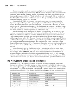 728   PART II  The Java Library
Once a connection has been established, a higher-level protocol ensues, which is
dependent on which port you are using. TCP/IP reserves the lower 1,024 ports for specific
protocols. Many of these will seem familiar to you if you have spent any time surfing the
Internet. Port number 21 is for FTP; 23 is for Telnet; 25 is for e-mail; 43 is for whois; 80 is
for HTTP; 119 is for netnews—and the list goes on. It is up to each protocol to determine
how a client should interact with the port.
For example, HTTP is the protocol that web browsers and servers use to transfer
hypertext pages and images. It is a quite simple protocol for a basic page-browsing web
server. Here’s how it works. When a client requests a file from an HTTP server, an action
known as a hit, it simply sends the name of the file in a special format to a predefined port
and reads back the contents of the file. The server also responds with a status code to tell
the client whether or not the request can be fulfilled and why.
A key component of the Internet is the address. Every computer on the Internet has
one. An Internet address is a number that uniquely identifies each computer on the Net.
Originally, all Internet addresses consisted of 32-bit values, organized as four 8-bit values.
This address type was specified by IPv4 (Internet Protocol, version 4). However, a new
addressing scheme, called IPv6 (Internet Protocol, version 6) has come into play. IPv6 uses
a 128-bit value to represent an address, organized into eight 16-bit chunks. Although there
are several reasons for and advantages to IPv6, the main one is that it supports a much
larger address space than does IPv4. Fortunately, when using Java, you won’t normally need
to worry about whether IPv4 or IPv6 addresses are used because Java handles the details
for you.
Just as the numbers of an IP address describe a network hierarchy, the name of an
Internet address, called its domain name, describes a machine’s location in a name space.
For example, www.HerbSchildt.com is in the COM top-level domain (reserved for U.S.
commercial sites); it is called HerbSchildt, and www identifies the server for web requests.
An Internet domain name is mapped to an IP address by the Domain Naming Service (DNS).
This enables users to work with domain names, but the Internet operates on IP addresses.
The Networking Classes and Interfaces
Java supports TCP/IP both by extending the already established stream I/O interface
introduced in Chapter 20 and by adding the features required to build I/O objects across
the network. Java supports both the TCP and UDP protocol families. TCP is used for reliable
stream-based I/O across the network. UDP supports a simpler, hence faster, point-to-point
datagram-oriented model. The classes contained in the java.net package are shown here:
Authenticator InetAddress SocketAddress
CacheRequest InetSocketAddress SocketImpl
CacheResponse InterfaceAddress SocketPermission
ContentHandler JarURLConnection StandardSocketOption
CookieHandler MulticastSocket URI
CookieManager NetPermission URL
DatagramPacket NetworkInterface URLClassLoader
 