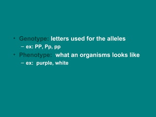 Genotype:  letters used for the alleles ex: PP, Pp, pp Phenotype:   what an organisms looks like ex:  purple, white 