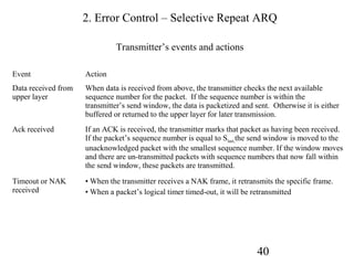 2. Error Control – Selective Repeat ARQ

                              Transmitter’s events and actions

Event                Action
Data received from   When data is received from above, the transmitter checks the next available
upper layer          sequence number for the packet. If the sequence number is within the
                     transmitter’s send window, the data is packetized and sent. Otherwise it is either
                     buffered or returned to the upper layer for later transmission.
Ack received         If an ACK is received, the transmitter marks that packet as having been received.
                     If the packet’s sequence number is equal to Slast,the send window is moved to the
                     unacknowledged packet with the smallest sequence number. If the window moves
                     and there are un-transmitted packets with sequence numbers that now fall within
                     the send window, these packets are transmitted.

Timeout or NAK       • When the transmitter receives a NAK frame, it retransmits the specific frame.
received             • When a packet’s logical timer timed-out, it will be retransmitted




                                                                            40
 