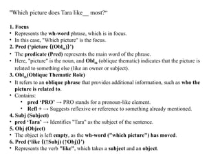 "Which picture does Tara like__ most?“
1. Focus
• Represents the wh-word phrase, which is in focus.
• In this case, "Which picture" is the focus.
2. Pred (‘picture (Obl
⟨ th) ’)
⟩
• The predicate (Pred) represents the main word of the phrase.
• Here, "picture" is the noun, and Oblth (oblique thematic) indicates that the picture is
related to something else (like an owner or subject).
3. Oblth(Oblique Thematic Role)
• It refers to an oblique phrase that provides additional information, such as who the
picture is related to.
• Contains:
• pred ‘PRO’ → PRO stands for a pronoun-like element.
• Refl + → Suggests reflexive or reference to something already mentioned.
4. Subj (Subject)
• pred ‘Tara’ → Identifies "Tara" as the subject of the sentence.
5. Obj (Object)
• The object is left empty, as the wh-word ("which picture") has moved.
6. Pred (‘like (↑Subj) (↑Obj) ’)
⟨ ⟩
• Represents the verb "like", which takes a subject and an object.
 