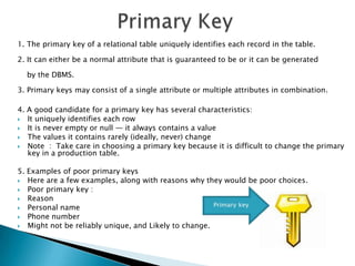 1. The primary key of a relational table uniquely identifies each record in the table.
2. It can either be a normal attribute that is guaranteed to be or it can be generated

by the DBMS.
3. Primary keys may consist of a single attribute or multiple attributes in combination.
4. A good candidate for a primary key has several characteristics:
 It uniquely identifies each row
 It is never empty or null — it always contains a value
 The values it contains rarely (ideally, never) change
 Note : Take care in choosing a primary key because it is difficult to change the primary
key in a production table.
5. Examples of poor primary keys
 Here are a few examples, along with reasons why they would be poor choices.
 Poor primary key :
 Reason
 Personal name
 Phone number
 Might not be reliably unique, and Likely to change.

 