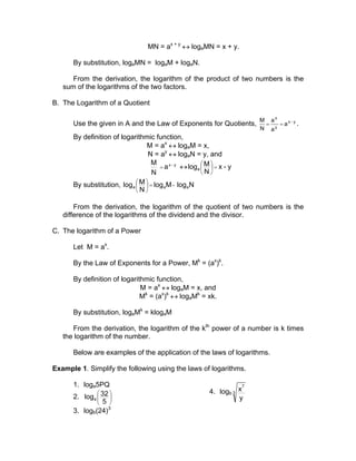 MN = ax + y
↔ logaMN = x + y.
By substitution, logaMN = logaM + logaN.
From the derivation, the logarithm of the product of two numbers is the
sum of the logarithms of the two factors.
B. The Logarithm of a Quotient
Use the given in A and the Law of Exponents for Quotients, y-x
y
x
a
a
a
N
M
== .
By definition of logarithmic function,
M = ax
↔ logaM = x,
N = ay
↔ logaN = y, and
y-x
a
N
M
= ↔ y-x
N
Mloga =





By substitution, NlogMlog
N
Mlog aaa -=





From the derivation, the logarithm of the quotient of two numbers is the
difference of the logarithms of the dividend and the divisor.
C. The logarithm of a Power
Let M = ax
.
By the Law of Exponents for a Power, Mk
= (ax
)k
.
By definition of logarithmic function,
M = ax
↔ logaM = x, and
Mk
= (ax
)k
↔ logaMk
= xk.
By substitution, logaMk
= klogaM
From the derivation, the logarithm of the kth
power of a number is k times
the logarithm of the number.
Below are examples of the application of the laws of logarithms.
Example 1. Simplify the following using the laws of logarithms.
1. loga5PQ
2. 





5
32loga
3. logb(24)3
4. logb 3
7
y
x
 