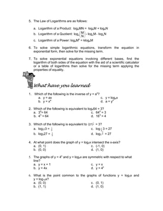 5. The Law of Logarithms are as follows:
a. Logarithm of a Product: logaMN = logaM + logaN
b. Logarithm of a Quotient: NlogMlog
N
Mlog aaa -=





c. Logarithm of a Power: logaMk
= klogaM
6. To solve simple logarithmic equations, transform the equation in
exponential form, then solve for the missing term.
7. To solve exponential equations involving different bases, find the
logarithm of both sides of the equation with the aid of a scientific calculator
or a table of logarithms then solve for the missing term applying the
properties of equality.
What have you learned
1. Which of the following is the inverse of y = ax
?
a. y = ax
b. y = xa
c. y = logax
d. a = yx
2. Which of the following is equivalent to log464 = 3?
a. 34
= 64
b. 43
= 64
c. 644
= 3
d. 163
= 4
3. Which of the following is equivalent to ( )3
1
27 = 3?
a. log273 = 3
1
b. log327 = 3
1
c. log 3
1 3 = 27
d. log3 3
1
= 27
4. At what point does the graph of y = log2x intersect the x-axis?
a. (0, 1)
b. (0, 0)
c. (-1, 0)
d. (1, 0)
5. The graphs of y = 4x
and y = log4x are symmetric with respect to what
line?
a. y = x + 1
b. y = 4x
c. y = x
d. y = 4x
6. What is the point common to the graphs of functions y = log3x and
y = log10x?
a. (0, 0)
b. (1, 1)
c. (0, 1)
d. (1, 0)
 