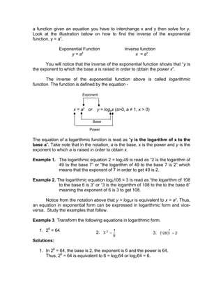 a function given an equation you have to interchange x and y then solve for y.
Look at the illustration below on how to find the inverse of the exponential
function, y = ax
.
Exponential Function Inverse function
y = ax
x = ay
You will notice that the inverse of the exponential function shows that “y is
the exponent to which the base a is raised in order to obtain the power x”.
The inverse of the exponential function above is called logarithmic
function. The function is defined by the equation -
x = ay
or y = logax (a>0, a ≠ 1, x > 0)
The equation of a logarithmic function is read as “y is the logarithm of x to the
base a”. Take note that in the notation, a is the base, x is the power and y is the
exponent to which a is raised in order to obtain x.
Example 1. The logarithmic equation 2 = log749 is read as “2 is the logarithm of
49 to the base 7” or “the logarithm of 49 to the base 7 is 2” which
means that the exponent of 7 in order to get 49 is 2.
Example 2. The logarithmic equation log6108 = 3 is read as “the logarithm of 108
to the base 6 is 3” or “3 is the logarithm of 108 to the to the base 6”
meaning the exponent of 6 is 3 to get 108.
Notice from the notation above that y = logax is equivalent to x = ay
. Thus,
an equation in exponential form can be expressed in logarithmic form and vice-
versa. Study the examples that follow.
Example 3. Transform the following equations in logarithmic form.
1. 26
= 64 2.
9
1
3 2-
= 3. ( ) 2128 7
1
=
Solutions:
1. In 26
= 64, the base is 2, the exponent is 6 and the power is 64.
Thus, 26
= 64 is equivalent to 6 = log264 or log264 = 6.
Exponent
Base
Power
 