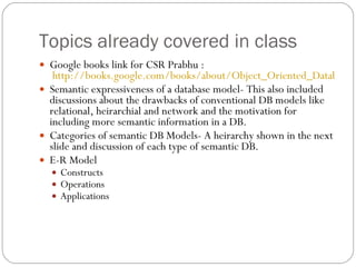 Topics already covered in class Google books link for CSR Prabhu :  http://books.google.com/books/about/Object_Oriented_Database_Systems_Approac.html?id=Yo6jGojiW4cC Semantic expressiveness of a database model- This also included discussions about the drawbacks of conventional DB models like relational, heirarchial and network and the motivation for including more semantic information in a DB.  Categories of semantic DB Models- A heirarchy shown in the next slide and discussion of each type of semantic DB.  E-R Model Constructs Operations Applications 