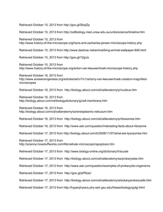 Retrieved October 15, 2013 from http://goo.gl/SbqIZp 
Retrieved October 15, 2013 from http://cellbiology.med.unsw.edu.au/units/science/timeline.htm 
Retrieved October 15, 2013 from 
http://www.history­of­the­microscope. 
org/hans­and­zacharias­jansen­microscope­history. 
php 
Retrieved October 15, 2013 from http://www.deshow.net/animal/bing­animal­wallpaper­846. 
html 
Retrieved October 15, 2013 from http://goo.gl/12giJo 
Retrieved October 15, 2013 from 
http://www.history­of­the­microscope. 
org/anton­van­leeuwenhoek­microscope­history. 
php 
Retrieved October 16, 2013 from 
http://www.answersingenesis.org/articles/aid/v7/n1/antony­van­leeuwenhoek­creation­magnified­microscopes 
Retrieved October 16, 2013 from http://biology.about.com/od/cellanatomy/p/nucleus.htm 
Retrieved October 16, 2013 from 
http://biology.about.com/od/biologydictionary/g/cell­membrane. 
htm 
Retrieved October 16, 2013 from 
http://biology.about.com/od/cellanatomy/ss/endoplasmic­reticulum. 
htm 
Retrieved October 16, 2013 from http://biology.about.com/od/cellanatomy/p/ribosomes.htm 
Retrieved October 16, 2013 from http://www.ask.com/question/interesting­facts­about­ribosome 
Retrieved October 17, 2013 from http://biology.about.com/b/2008/11/07/what­are­lysosomes. 
htm 
Retrieved October 17, 2013 from 
http://science.howstuffworks.com/life/cellular­microscopic/ 
apoptosis.htm 
Retrieved October 17, 2013 from http://www.biology­online. 
org/dictionary/Vacuole 
Retrieved October 17, 2013 from http://biology.about.com/od/cellanatomy/ss/prokaryotes.htm 
Retrieved October 17, 2013 from http://www.ask.com/question/examples­of­prokaryotic­organisms 
Retrieved October 17, 2013 from http://goo.gl/pPKiaU 
Retrieved October 17, 2013 from http://biology.about.com/od/cellanatomy/a/eukaryprokarycells.htm 
Retrieved October 17, 2013 from http://hyperphysics.phy­astr. 
gsu.edu/hbase/biology/golgi.html 
