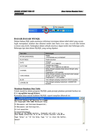 BENGKEL INTERNET PENS-ITS                                Bima Febrian Mandala Putra |
7409036698




DASAR-DASAR MYSQL
Dalam bahasa SQL pada umumnya informasi tersimpan dalam tabel-tabel yang secara
logik merupakan struktur dua dimensi terdiri dari baris (row atau record) dan kolom
(column atau field). Sedangkan dalam sebuah database dapat terdiri dari beberapa table.
Beberapa tipe data dalam MySQL yang sering dipakai:




Membuat Database Dan Table
Untuk masuk ke dalam program MySQL pada prompt jalankan perintah berikut ini:
C:> mysqlbin>mysql (Enter)
Kemudian akan masuk kedalam MySQL seperti tampilan dibawah ini:




                                                                                          3
 