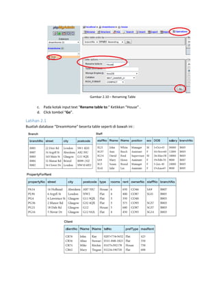 Gambar 2.10 – Renaming Table
c. Pada kotak input text "Rename table to:" Ketikkan “House” .
d. Click tombol “Go”.
Latihan 2.1
Buatlah database “DreamHome” beserta table seperti di bawah ini :
 