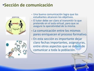 • Una buena comunicación logra que los
estudiantes alcancen los objetivos.
• El tutor debe ser claro al transmitir lo que
pretende en el aula virtual, para que se
asegure la operatividad de la misma.
• La comunicación entre los mismos
pares enriquecen el proceso formativo.
• En esta sección es importante dejar
claro fechas importantes, asignaturas,
entre otros aspectos que se deben de
comunicar a toda la población.
•Sección de comunicación
 