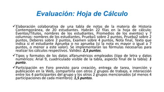 Evaluación: Hoja de Cálculo
Elaboración colaborativa de una tabla de notas de la materia de Historia
Contemporánea, de 20 estudiantes. Habrán 22 filas en la hoja de cálculo:
Eventos/Títulos, nombres de los estudiantes, Promedios de los eventos) y 7
columnas: nombres de los estudiantes, Prueba1 sobre 2 puntos, Prueba2 sobre 2
puntos, Deberes sobre 2 puntos, Examen sobre 4 puntos, Nota final, Texto que
indica si el estudiante Aprueba o no aprueba (si la nota es mayor o igual a 7
puntos, o menor a este valor). Se implementarán las fórmulas necesarias para
realizar los cálculos respectivos. Validez: 2,5 puntos.
Tipos y formatos de los datos alfanuméricos empleados (tipo de letra y datos
numéricos: Arial 9, cuadriculado visible de la tabla, aspecto final de la tabla): 1
punto.
Participación en Foro previsto para creación, entrega de tarea, inserción y
publicación en la Web, compartirla con otros 2 grupos de trabajo, e interacción
entre los 4 participantes del grupo y los otros 2 grupos mencionados (al menos 4
participaciones de cada miembro): 1,5 puntos.

 