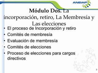 Módulo Dos. La incorporación, retiro, LaMembresíay Las eleccionesEl proceso de Incorporación y retiroComités de membresíaEvaluación de membresíaComités de eleccionesProceso de elecciones para cargos directivos3