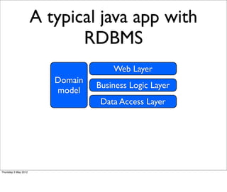 A typical java app with
                             RDBMS
                                      Web Layer
                         Domain
                                  Business Logic Layer
                         model
                                   Data Access Layer




Thursday 3 May 2012
 