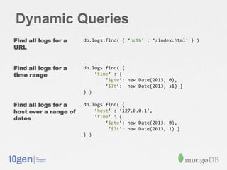 Dynamic Queries
Find all logs for a
URL
db.logs.find( { ‘path’ : ‘/index.html’ } )
Find all logs for a
time range
db.logs.find( {
‘time’ : {
‘$gte’: new Date(2013, 0),
‘$lt’: new Date(2013, s1) }
} )
Find all logs for a
host over a range of
dates
db.logs.find( {
‘host’ : ‘127.0.0.1’,
‘time’ : {
‘$gte’: new Date(2013, 0),
‘$lt’: new Date(2013, 1) }
} )
 
