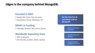 10gen is the company behind MongoDB.
Set the direction &
contribute code to
MongoDB
Foster community &
ecosystem
Provide MongoDB
management services
Provide commercial
services
Founded in 2007
• Dwight Merriman, Eliot Horowitz
• Doubleclick, Oracle, Marklogic, HP
$81M+ in Funding
• Flybridge, Sequoia, NEA, Union Square
Worldwide Expanding Team
• 100+ employees
• NY, Palo Alto, London, Dublin, Sydney
 