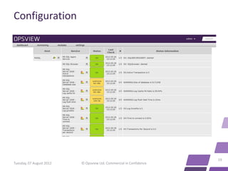 Configuration




                                                                    19
Tuesday, 07 August 2012   © Opsview Ltd. Commercial in Confidence
 