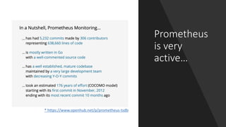 12 perforce.com
Prometheus
is very
active…
* https://www.openhub.net/p/prometheus-tsdb
 
