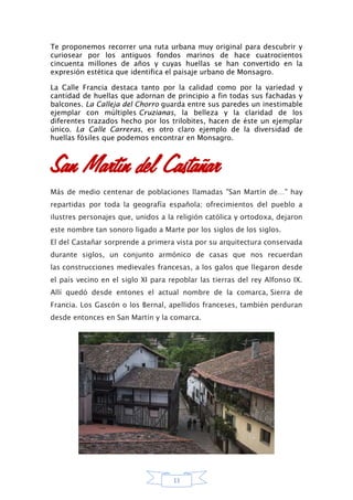 11
Te proponemos recorrer una ruta urbana muy original para descubrir y
curiosear por los antiguos fondos marinos de hace cuatrocientos
cincuenta millones de años y cuyas huellas se han convertido en la
expresión estética que identifica el paisaje urbano de Monsagro.
La Calle Francia destaca tanto por la calidad como por la variedad y
cantidad de huellas que adornan de principio a fin todas sus fachadas y
balcones. La Calleja del Chorro guarda entre sus paredes un inestimable
ejemplar con múltiples Cruzianas, la belleza y la claridad de los
diferentes trazados hecho por los trilobites, hacen de éste un ejemplar
único. La Calle Carreras, es otro claro ejemplo de la diversidad de
huellas fósiles que podemos encontrar en Monsagro.
San Martín del Castañar
Más de medio centenar de poblaciones llamadas "San Martín de…" hay
repartidas por toda la geografía española; ofrecimientos del pueblo a
ilustres personajes que, unidos a la religión católica y ortodoxa, dejaron
este nombre tan sonoro ligado a Marte por los siglos de los siglos.
El del Castañar sorprende a primera vista por su arquitectura conservada
durante siglos, un conjunto armónico de casas que nos recuerdan
las construcciones medievales francesas, a los galos que llegaron desde
el país vecino en el siglo XI para repoblar las tierras del rey Alfonso IX.
Allí quedó desde entones el actual nombre de la comarca, Sierra de
Francia. Los Gascón o los Bernal, apellidos franceses, también perduran
desde entonces en San Martín y la comarca.
 