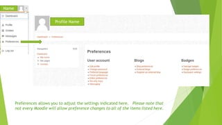 Preferences allows you to adjust the settings indicated here. Please note that
not every Moodle will allow preference changes to all of the items listed here.
Name
Profile Name
 