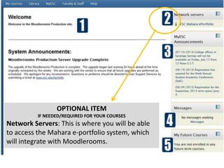 OPTIONAL ITEM
IF NEEDED/REQUIRED FOR YOUR COURSES
Network Servers: This is where you will be able
to access the Mahara e-portfolio system, which
will integrate with Moodlerooms.
 