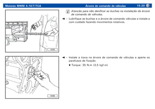 Motores MWM 4.10/T/TCA Árvore de comando de válvulas 15-20
Atenção para não danificar as buchas na instalação da árvore
de comando de válvulas.
– Lubrifique as buchas e a árvore de comando válvulas e instale-a
com cuidado fazendo movimentos rotativos.
19395
19396
– Instale a trava na árvore de comando de válvulas e aperte os
parafusos de fixação.
Torque: 35 N.m (3,5 kgf.m)
 