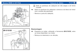 Motores MWM 4.10/T/TCA Cabeçote do cilindro 15-27
Solte os parafusos do cabeçote em três etapas e de forma
cruzada.
– Solte os parafusos do cabeçote e remova-o do bloco do motor
com o auxílio dos parafusos.
– Remova a junta do cabeçote.
Desmontagem
– Pressione as molas, utilizando a ferramenta BR-019/00, retire
as travas bipartidas e as molas.
– Remova os retentores e as válvulas.
19401
19411
BR-019/00
 