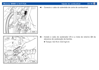 Motores MWM 4.10/T/TCA Injeção de combustível 23-18
– Conecte o cabo do solenóide de corte de combustível.
– Instale o cabo do acelerador (1) e a mola de retorno (2) da
alavanca de aceleração da bomba.
Torque: 8,0 N.m (0,8 kgf.m)
19276
2
1
19278
 