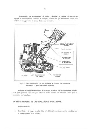6.3
Comparando con las cargadoras de ruedas, a igualdad de cuchara, el peso es muy
superior y, por consiguiente, la fuerza de arranque; a esto se une que el rozamiento con el suelo
también lo es y, por tanto la fuerza efectiva de excavación.
(2) MOTOR TRANSMISIONES
DE AVANCE
Brazos de elevación
unidos por puente
central
(5) TREN DE
RODAJE
(4 ) EQUIPO DE
TRABAJO
Dispositivo
de volteo
Dispositivo
de elevación
(1) CHASIS
Fig. 6.2 Partes estructurales de una cargadora de cadenas con transmisión
hidroslática y motor en la parte posterior.
El equipo de trabajo normal consta de la cuchara delantera y de un escarificador situado
en la parte posterior, que sirve para soltar las tierras cuando son demasiado duras para su
excavación con la cuchara.
6.4 ESCARIFICADOR DE LAS CARGADORAS DE CADENAS.
Hay dos modelos:
a) Escarificador de bisagra o radial (Fig. 6.3): El ángulo de ataque cambia a medida que
el vástago penetra en el terreno.
 