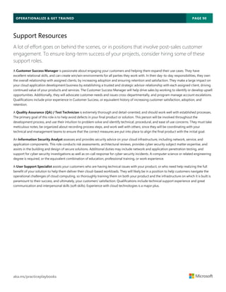 OPERATIONALIZE & GET TRAINED PAGE 90
aka.ms/practiceplaybooks
Support Resources
A lot of effort goes on behind the scenes, or in positions that involve post-sales customer
engagement. To ensure long-term success of your projects, consider hiring some of these
support roles.
A Customer Success Manager is passionate about engaging your customers and helping them expand their use cases. They have
excellent relational skills, and can create win/win environments for all parties they work with. In their day-to-day responsibilities, they own
the overall relationship with assigned clients, by increasing adoption and ensuring retention and satisfaction. They make a large impact on
your cloud application development business by establishing a trusted and strategic advisor relationship with each assigned client, driving
continued value of your products and services. The Customer Success Manager will help drive sales by working to identify or develop upsell
opportunities. Additionally, they will advocate customer needs and issues cross-departmentally, and program manage account escalations.
Qualifications include prior experience in Customer Success, or equivalent history of increasing customer satisfaction, adoption, and
retention.
A Quality Assurance (QA) / Test Technician is extremely thorough and detail-oriented, and should work well with established processes.
The primary goal of this role is to help avoid defects in your final product or solution. This person will be involved throughout the
development process, and use their intuition to problem solve and identify technical, procedural, and ease of use concerns. They must take
meticulous notes, be organized about recording process steps, and work well with others, since they will be coordinating with your
technical and management teams to ensure that the correct measures are put into place to align the final product with the initial goal.
An Information Security Analyst assesses and provides security advice on your cloud infrastructure, including network, service, and
application components. This role conducts risk assessments, architectural reviews, provides cyber security subject matter expertise, and
assists in the building and design of secure solutions. Additional duties may include network and application penetration testing, and
support for cyber security investigations as well as on-call response for cyber security incidents. A computer science or related engineering
degree is required, or the equivalent combination of education, professional training, or work experience.
A User Support Specialist assists your customers who are having technical issues with your product, or who need help realizing the full
benefit of your solution to help them deliver their cloud-based workloads. They will likely be in a position to help customers navigate the
operational challenges of cloud computing, so thoroughly training them on both your product and the infrastructure on which it is built is
paramount to their success, and ultimately, your customers’ satisfaction. Qualifications include technical support experience and great
communication and interpersonal skills (soft skills). Experience with cloud technologies is a major plus.
 
