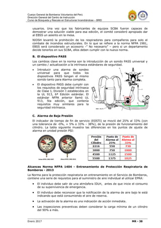 Cuerpo General de Bomberos Voluntarios del Perú
Dirección General del Centro de Instrucción
Curso de Búsqueda y Rescate en Estructuras Incendiándose – BREI
Enero 2017 MR - 38
usuarios. Una vez que los fabricantes de equipos SCBA fueron capaces de
demostrar una solución viable para esa edición, el comité consideró apropiado dar
al EBSS un asiento en la mesa.
NIOSH levantó la prohibición de los respiradores para compañeros para solo el
combate de incendios estructurales. En lo que se refiere a la norma NFPA 1981,
EBSS será considerado un accesorio -” No necesario” – pero si un departamento
decide tenerlos en sus SCBA, ellos deben cumplir con la nueva norma.
B. El dispositivo PASS
Los cambios clave en la norma son la introducción de un sonido PASS universal y
un cambio / actualización a la intrínseca estándares de seguridad.
 Introducir una alarma de sondeo
universal para que todos los
dispositivos PASS tengan el mismo
sonido tanto para Alarma completa.
 El dispositivo PASS debe cumplir con
los requisitos de seguridad intrínseca
de Clase I, División I establecidos en
la UL 913, 6ª Edición estándar. El
estándar NFPA anterior llamó UL
913, 5ta edición, que contenía
requisitos muy similares para la
seguridad intrínseca.
C. Alarma de Baja Presión
El indicador de tiempo de fin de servicio (EOSTI) se movió del 25% al 33% (con
una tolerancia de -0%, + 5% o 33% - 38%), de la presión de funcionamiento del
cilindro. La tabla siguiente muestra las diferencias en los puntos de ajuste de
alarma en unidad presión PSI:
Alcances Norma NFPA 1404 - Entrenamiento de Protección Respiratoria de
Bomberos - 2013
La Norma para la protección respiratoria en entrenamiento en el Servicio de Bomberos,
contiene una serie de requisitos para el suministro de aire individual al utilizar EPRA:
 El individuo debe salir de una atmósfera IDLH, antes de que inicie el consumo
de su supervivencia de emergencia.
 El individuo debe reconocer que la notificación de la alarma de aire bajo le está
indicando que está consumiendo el aire de reserva.
 La activación de la alarma es una indicación de acción inmediata.
 Las inspecciones preventivas deben considerar la carga mínima de un cilindro
del 90% a más.
 